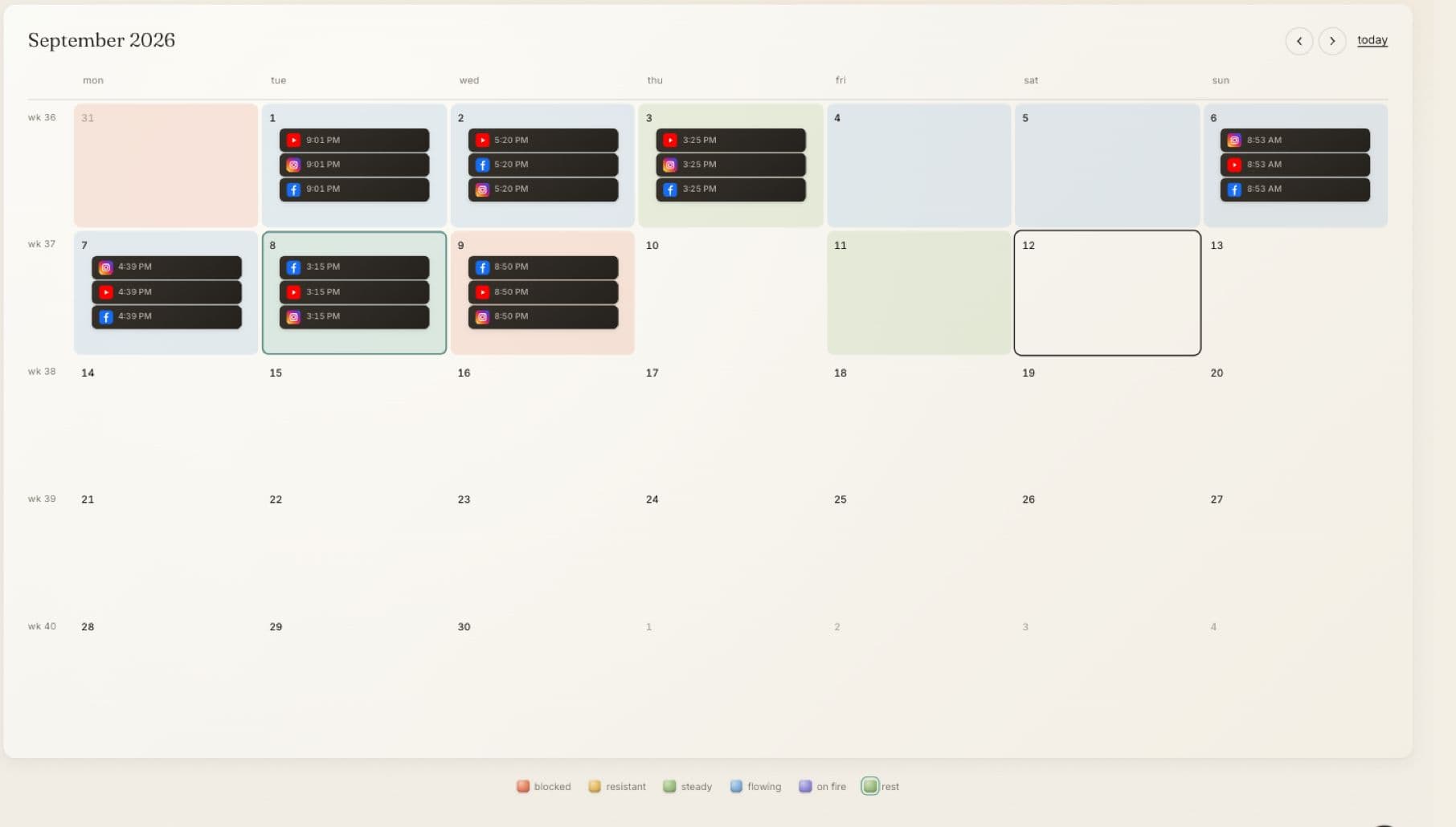 Cohera’s September calendar showing platform icons, posting times and energy colours alongside existing activity.