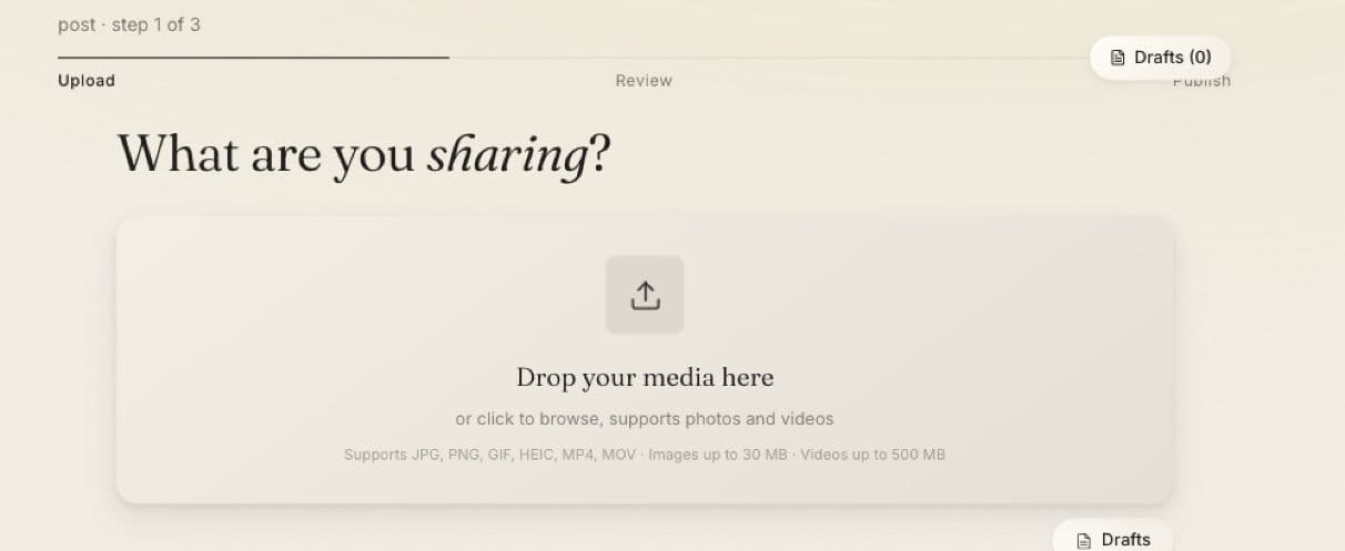 Cohera’s post editor showing Upload, Review and Publish steps and the area for adding photos or videos.