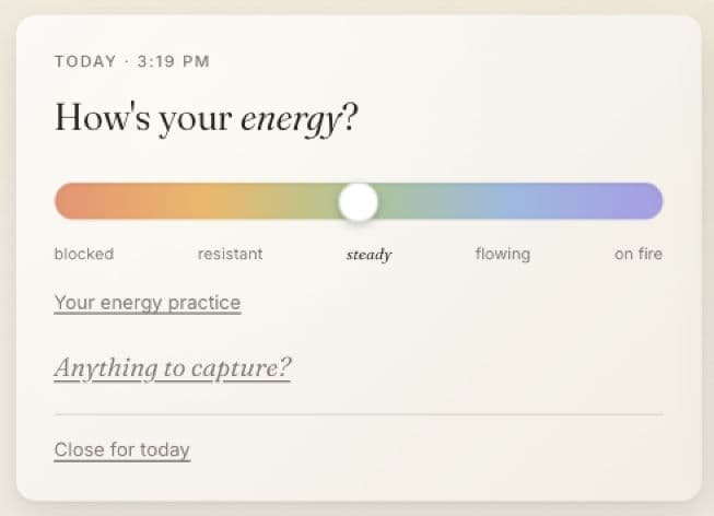 Cohera asks How’s your energy? with a slider labelled blocked, resistant, steady, flowing and on fire.