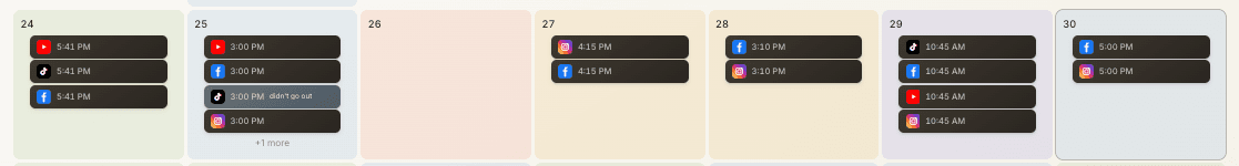 A Cohera week strip: posts with times, one that didn’t go out, and a day left empty.