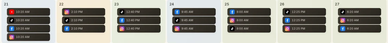 Cohera calendar week with posts scheduled every day across Instagram, TikTok, YouTube and Facebook