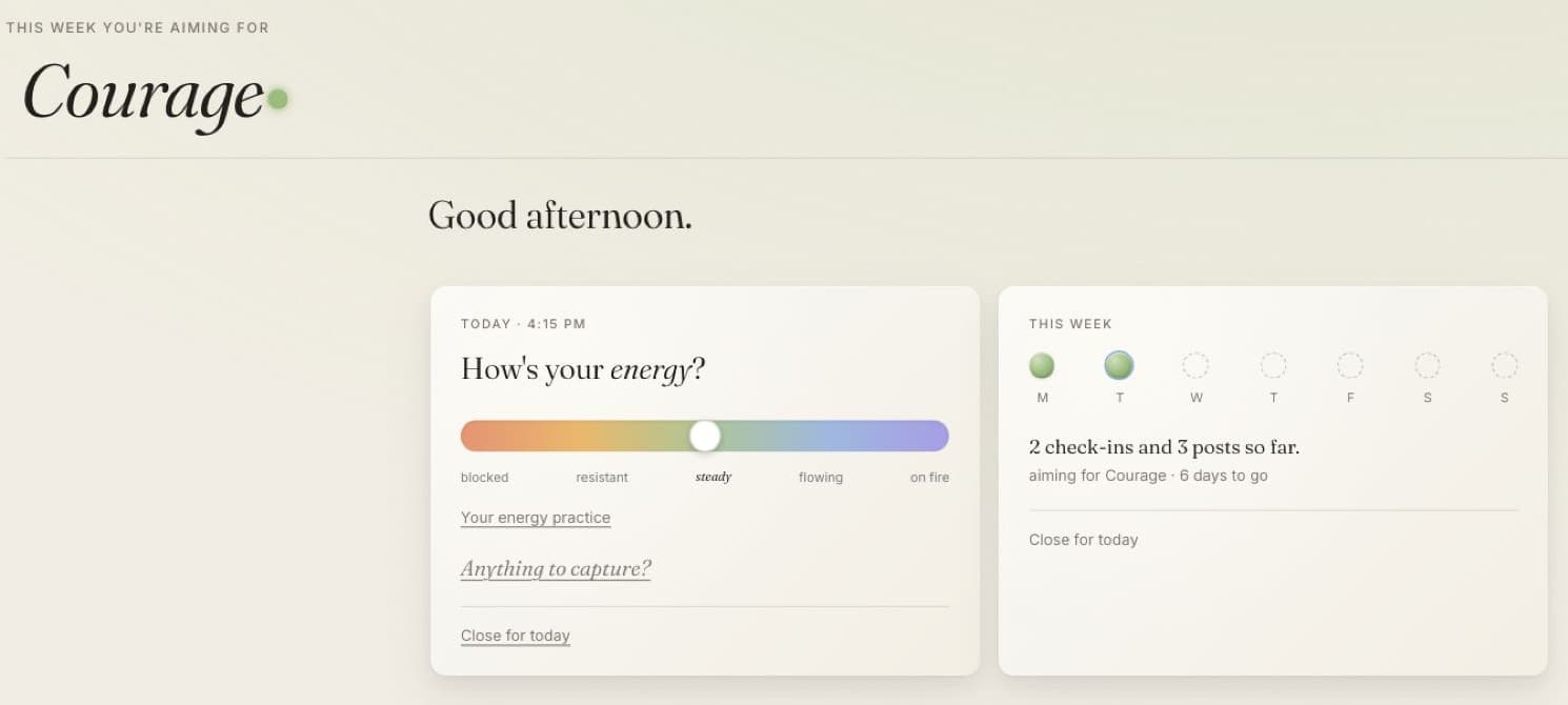 Cohera homepage showing Courage as the weekly intention.