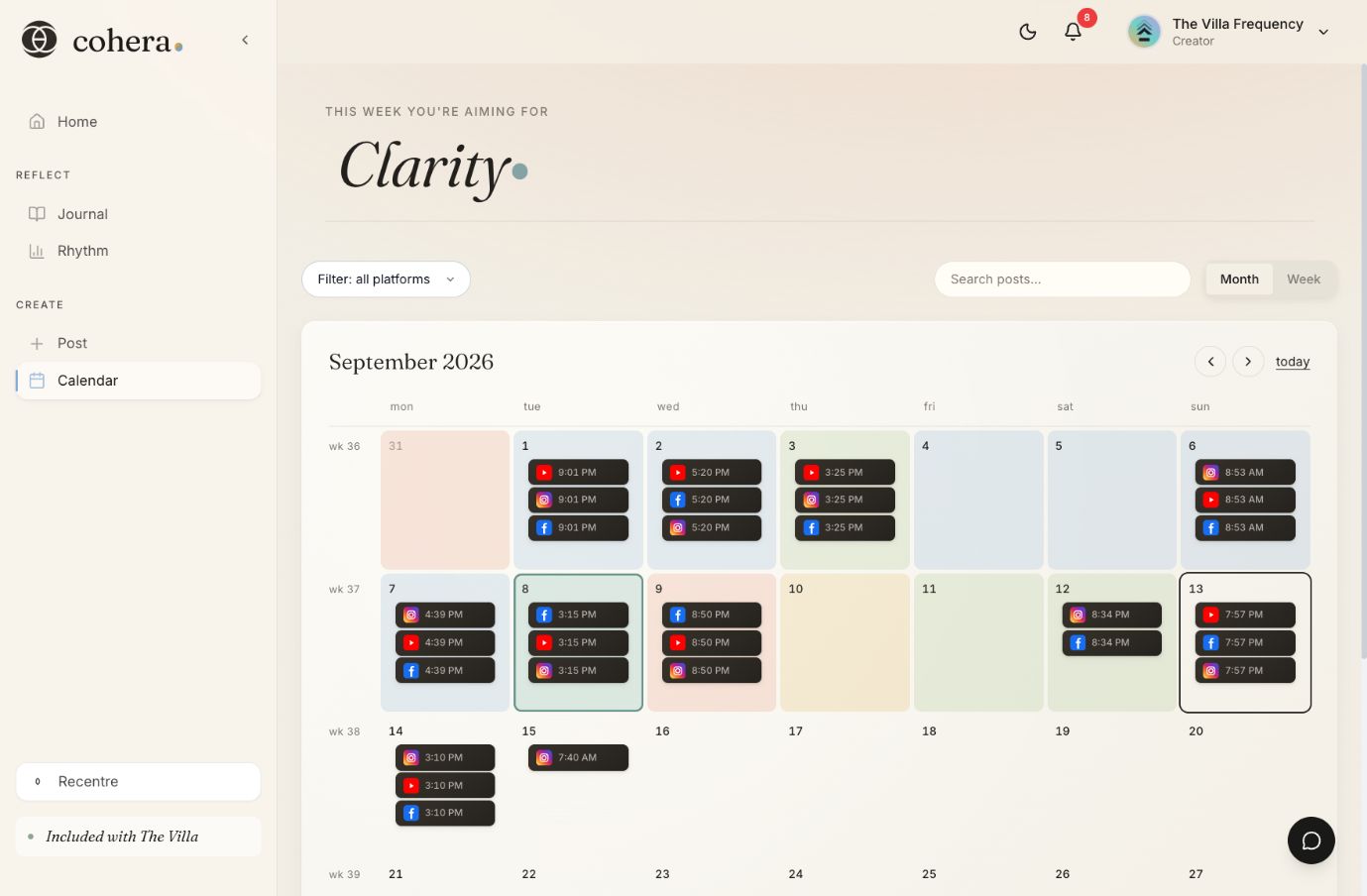 Cohera’s September calendar showing platform icons, posting times and energy colours alongside existing activity.
