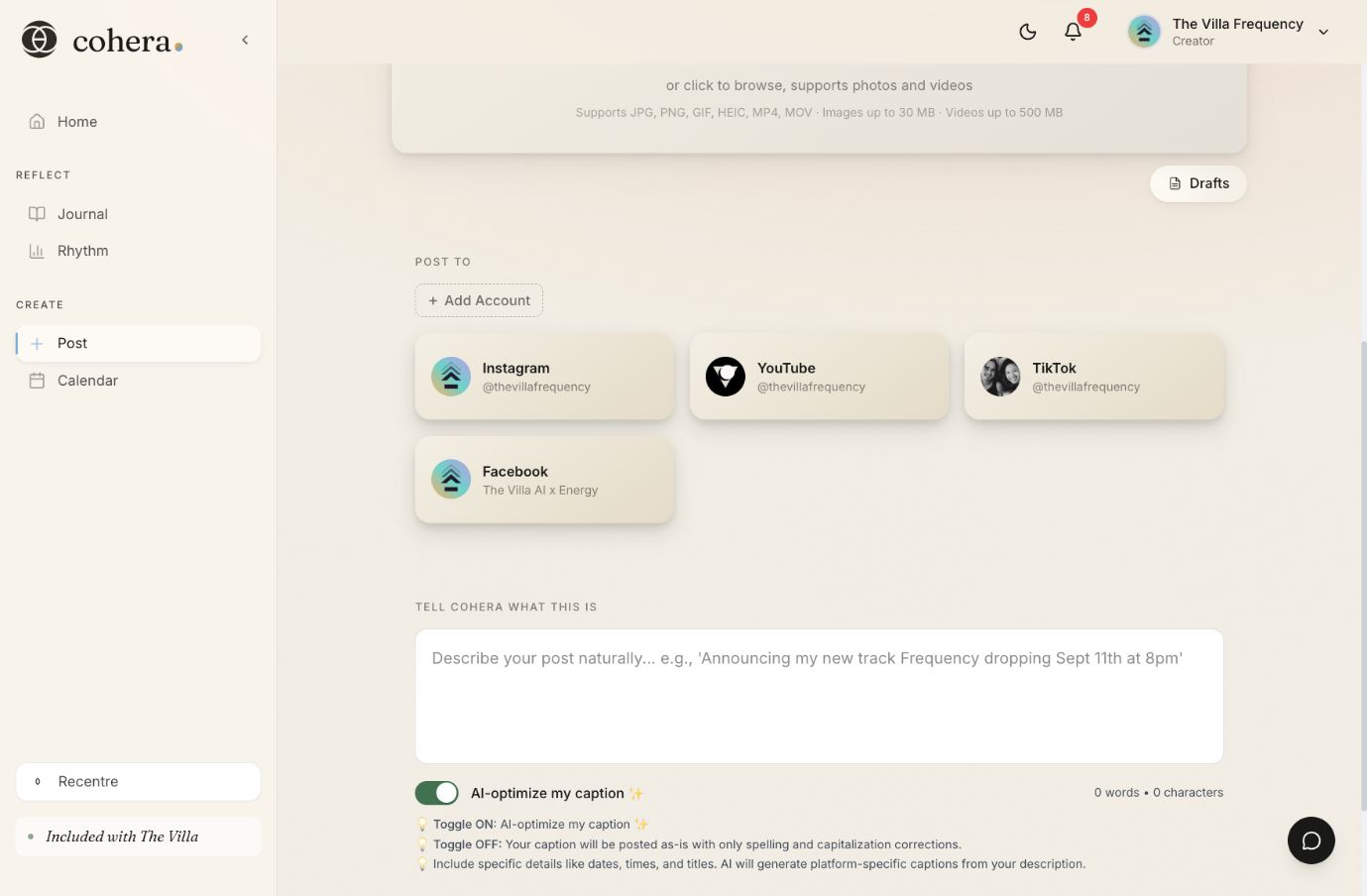 Cohera’s empty post description field with example placeholder text and the AI-optimize my caption option.