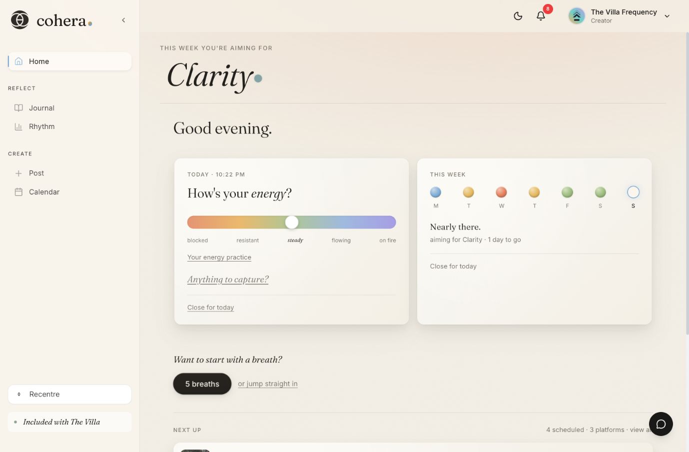 Cohera’s home page reminder: This week you’re aiming for Clarity.