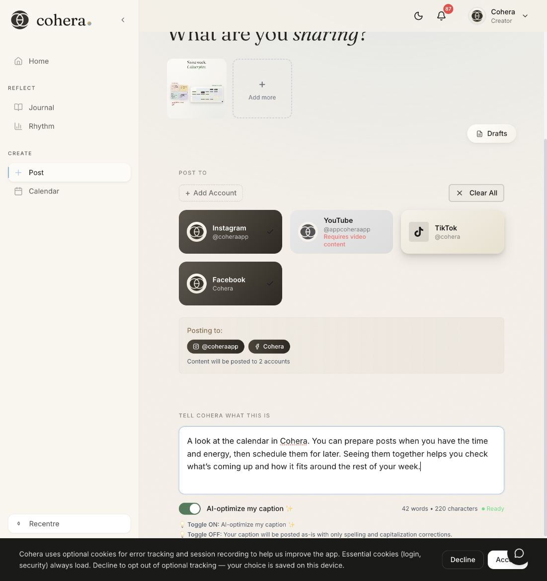 Instagram and Facebook selected for Cohera, with the two destination accounts confirmed below.