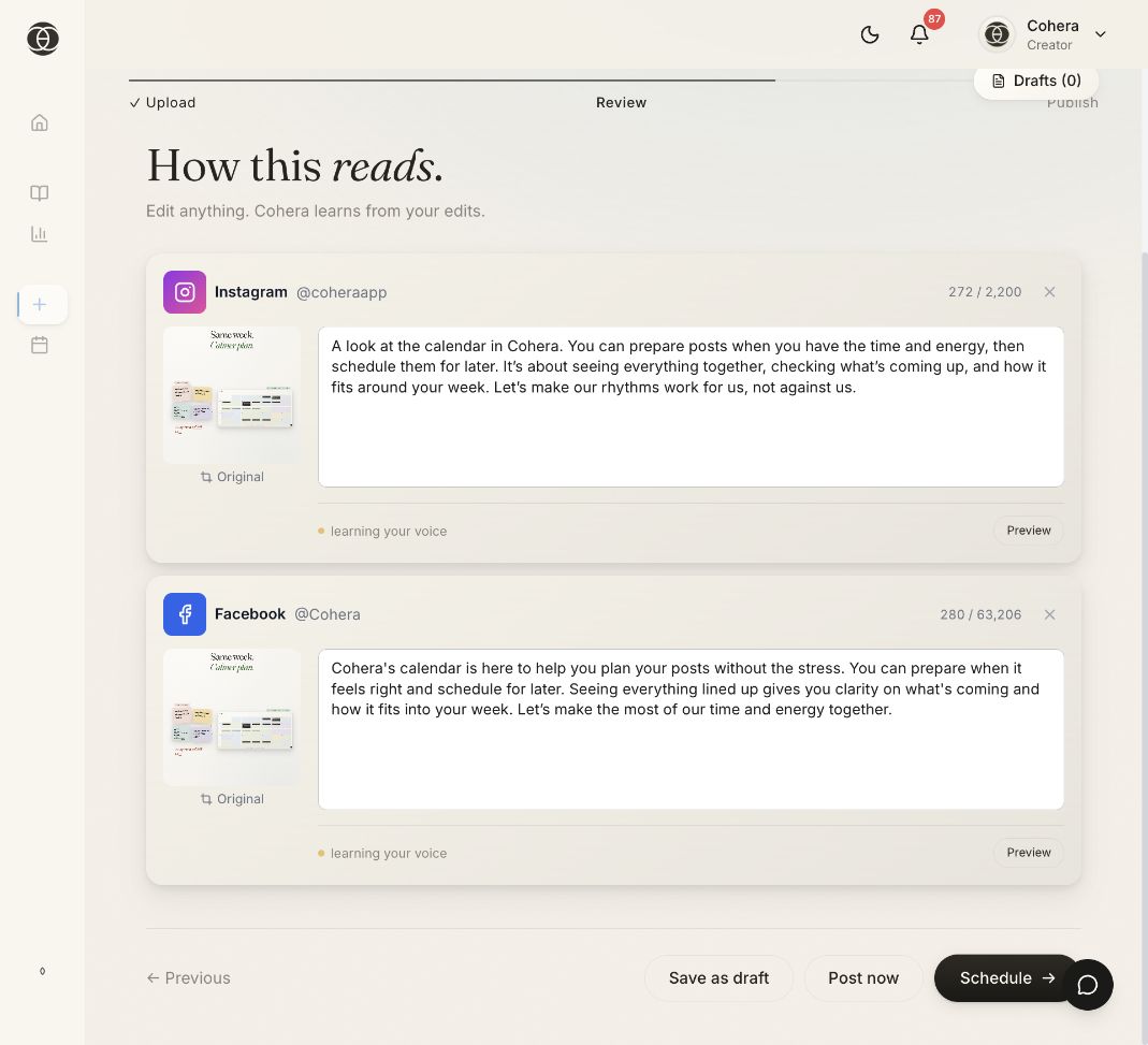 Instagram caption for Cohera’s calendar post, shown in its editable Review field with the image and Preview button.